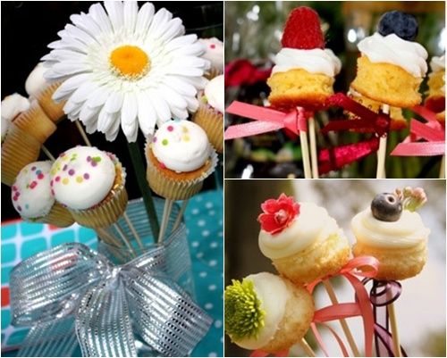 Cupcakes pinchados en brocheta con delicada decoraciÃ³n