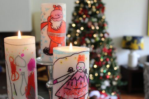 Velas decoradas por niños para Navidad